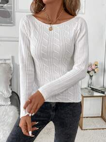 SHEIN Clasi Plus Size Casual Solid Color Cable Knit Fitted Sweater, Autumn/Winter - White - View 7