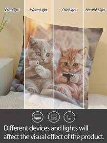 1pc Cute Cat Pattern Pillow Cover, 100% Polyester, Zipper Closure, No Filling, Suitable For Living Room, Bedroom And Dining Room Decor - Multicolor - View 7