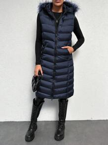 EURMUSE 1 件女式冬季纯色拉链毛绒连帽无袖加厚外套 - 藏蓝色 - 查看 5