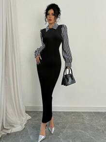 Selianne Đầm Maxi Ôm Body Đuôi Cá Màu Đen Thanh Lịch Có Cổ Peter Pan, Họa Tiết Răng Houndstooth Phối Màu & Tay Phồng Cho Nữ - màu đen - Xem 5