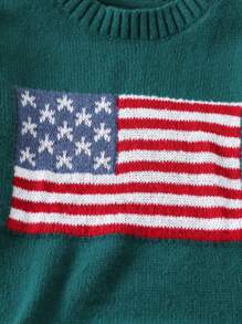 1 pieza Jersey de punto con diseño de bandera americana para niñas, jersey de cuello redondo de manga larga con estrellas y rayas para niñas preadolescentes - Verde Oscuro - Ver 4