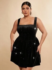 SHEIN BAE Plus Size Women Fall And Winter Black Glitter Velvet Large Square Collar Waist A-Line Mini Dress Suitable For Holiday Birthday Parties Daily Commuting Wear