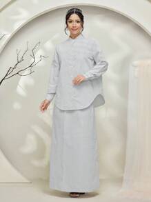 Veilorie Baju Kebaya Black & White Striped Women's Long Blouse And Skirt Two-Piece Set Modest