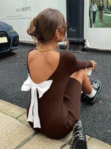 Chiquease Vestido corto casual de manga larga con decoración de lazo de colores contrastantes - Marrón - Ver 6