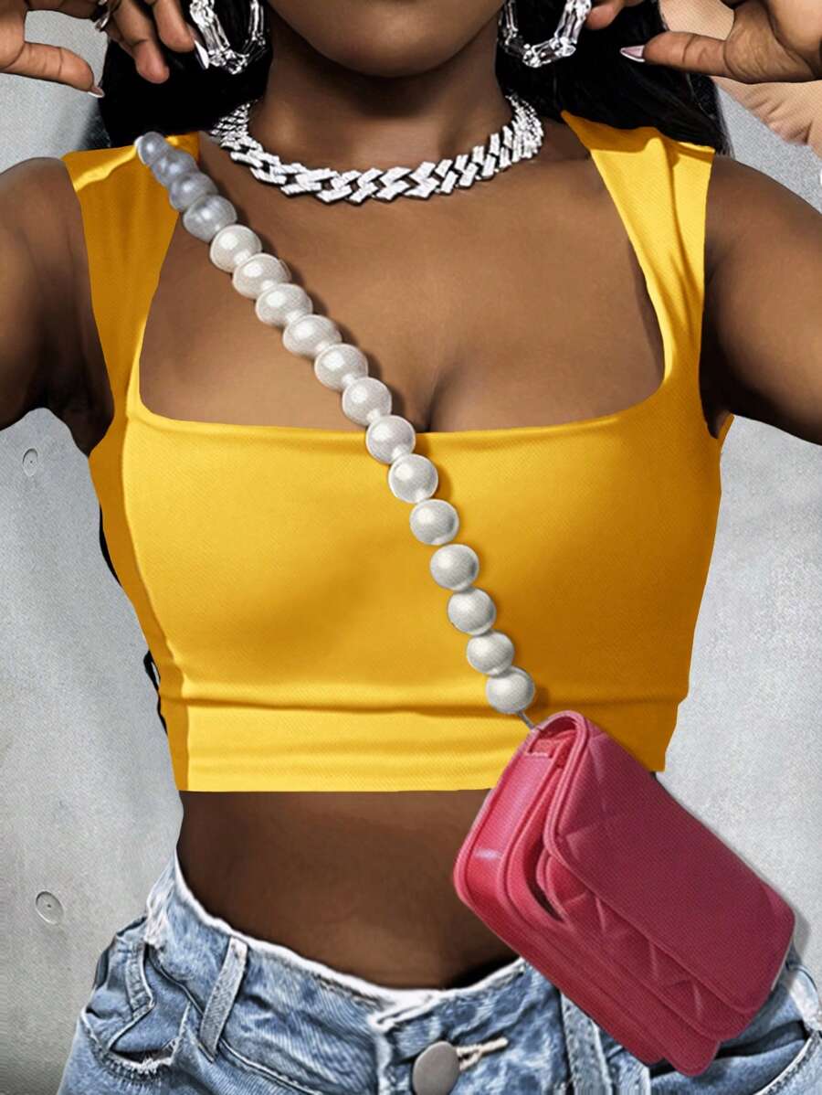 Slaydiva Casual Minimalist Solid Color Versatile Square Neck Short Tank Top For Women, Suitable For Spring & Summer Back To School - Yellow - View 1