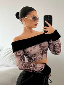SHEIN ICON Damen Off-Shoulder Einfarbiges Oberteil mit Langen Ärmeln, Crop Top Y2K Leopard Muster, Gelegenheitskleidung für Feiertage und Neujahr, Alltägliches Tragen