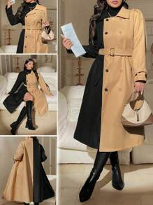 Calvaya Plus Size Autumn/Winter Color Block Double-Breasted Waist Cinching Coat, Elegant - Multicolor - View 1