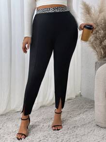 SHEIN Clasi Plus Size Women High Waist Leopard Print Splicing Slit Leggings - Black - View 6
