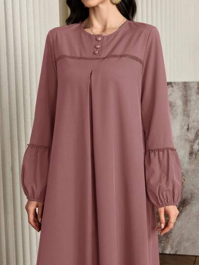 Al Najma 女士纯色纽扣装饰半襟灯笼袖优雅阿拉伯连衣裙，休闲朴素束腰长款阿拉伯连衣裙，适合休闲日常/家居服