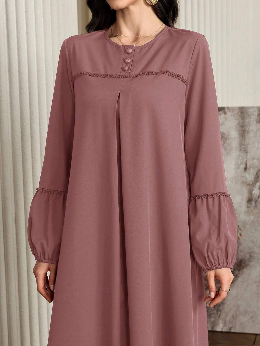 Al Najma Vestido elegante de estilo árabe de unicolor con botones decorados y mangas farola, vestido casual y modesto de túnica maxi de estilo árabe para uso diario casual/en el hogar