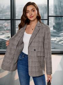 SHEIN Clasi Winter Elegant Women's Long Sleeved Flip Collar Retro Plaid Pattern Blazer - Multicolor - View 7