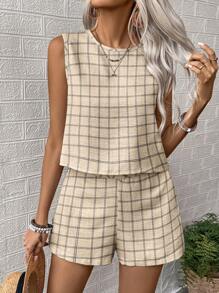 SHEIN LUNE Women's Plaid Print Round Neck Vest And Shorts 2pcs Casual Set