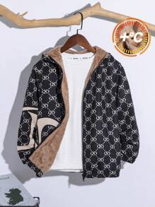SHEIN Tween Boy 大字母图案保暖内衬连帽夹克，学院风，适合旅行、秋冬季 - 黑色 - 查看 1