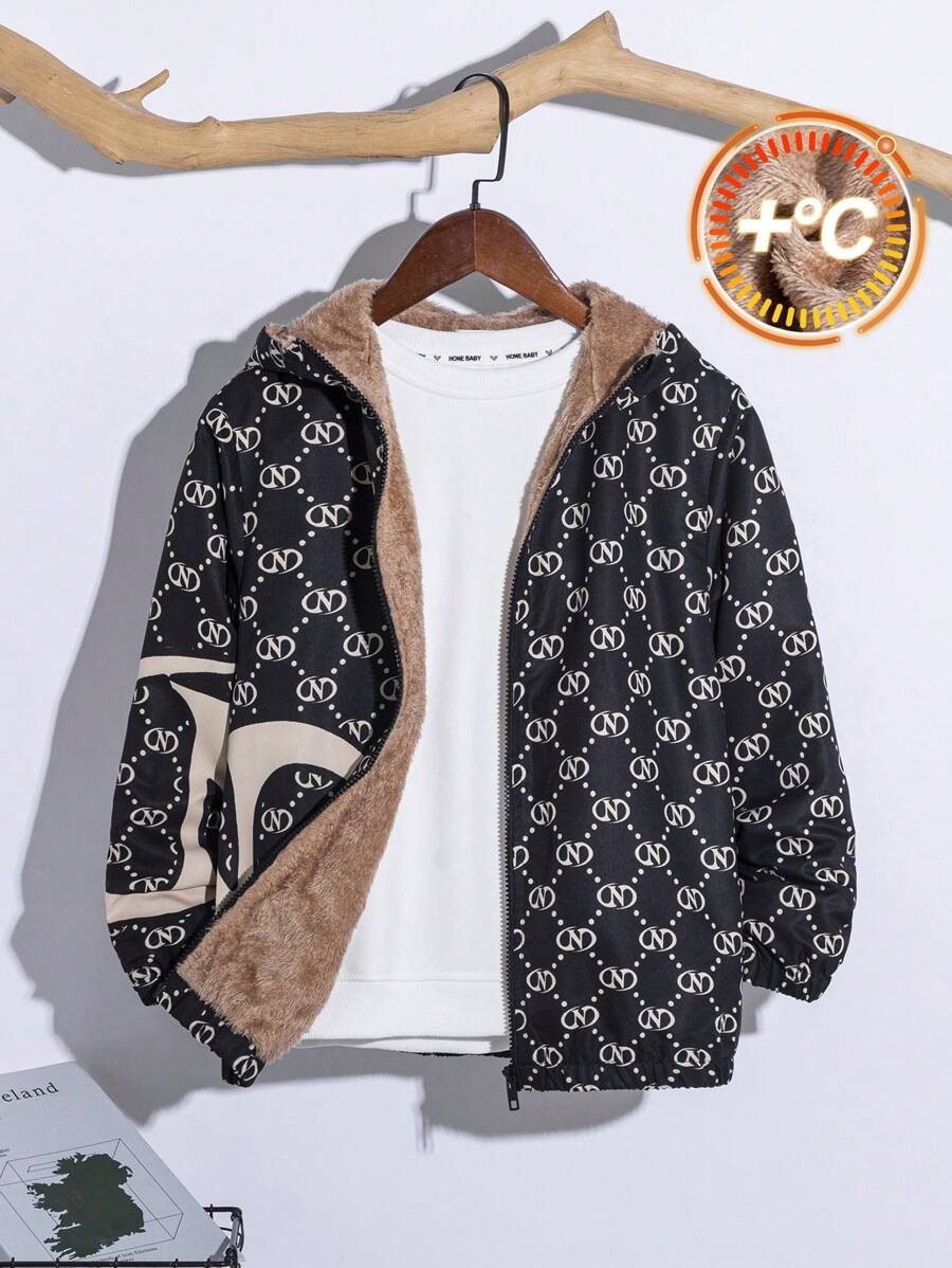 SHEIN Tween Boy 大字母图案保暖内衬连帽夹克，学院风，适合旅行、秋冬季 - 黑色 - 查看 1