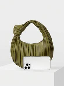 MOTF PREMIUM 1 件女士时尚通勤纯色褶皱云朵单肩手提包 - 橄欖綠 - 查看 4