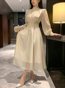 DAZY 女士宽松中长款派对/约会连衣裙，系带细节，适合舞会、秋季穿着，长袖设计，优雅女装 - 杏色 - 查看 2