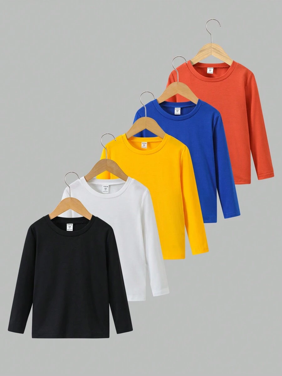 5pcs/Pack Young Boy Basic Solid Color Round Neck Casual T-Shirt - Multicolor - View 1