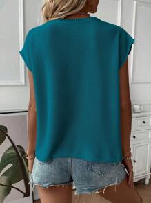 EMERY ROSE Women's Solid Color Round Neck Loose Casual Sweater Vest, Autumn/Winter - Teal Blue - View 2