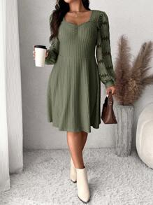 SHEIN Frenchy 大码纯色甜心领长袖休闲迷你连衣裙 - 軍綠色 - 查看 4