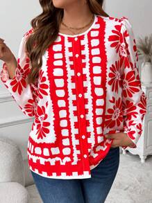 SHEIN LUNE Plus Size Casual Loose Positioning Printed Collar Shirt In European And American Style - Multicolor - View 3