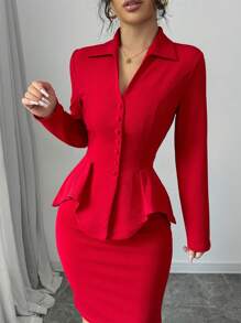 Selianne 女士腰部收紧 V 领上衣和紧身裙套装，秋冬 - 紅色 - 查看 4