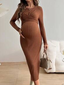 SHEIN Sukienka ciążowa na co dzień z okrągłym dekoltem i panelem z guzikami z przodu, długi rękaw