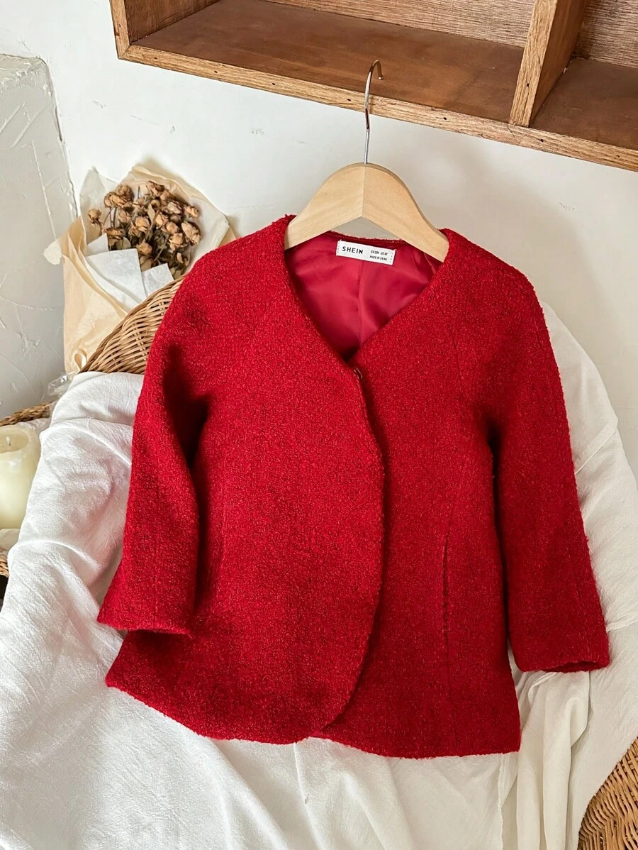 Blossori Young Girls' French Elegant Loose Red Woven Collarless Coat, Autumn/Winter - Red - View 1