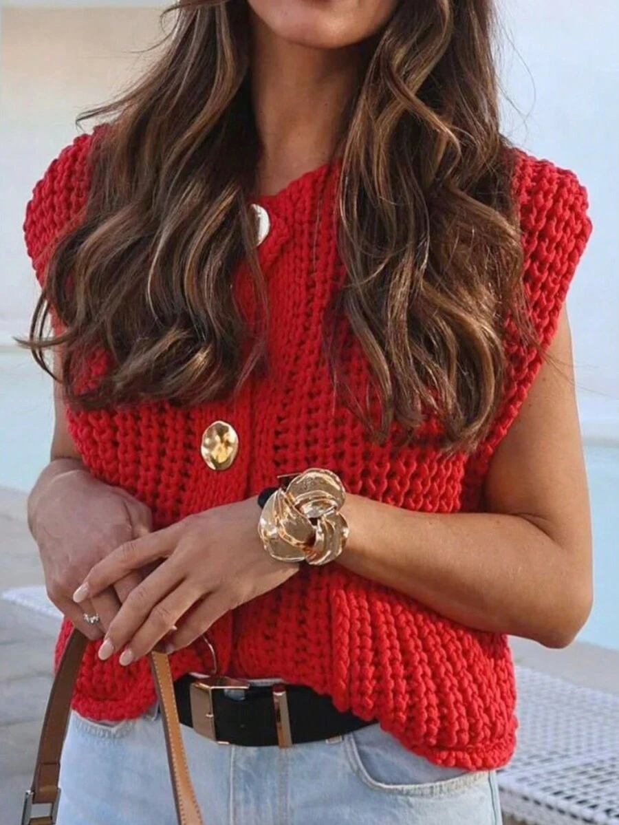 Women's Sleeveless Crochet Sweater Button Down Vintage Casual Streetwear Vest Tops With Pockets Cropped Knit Cardigan Fall Clothes - Red - View 1