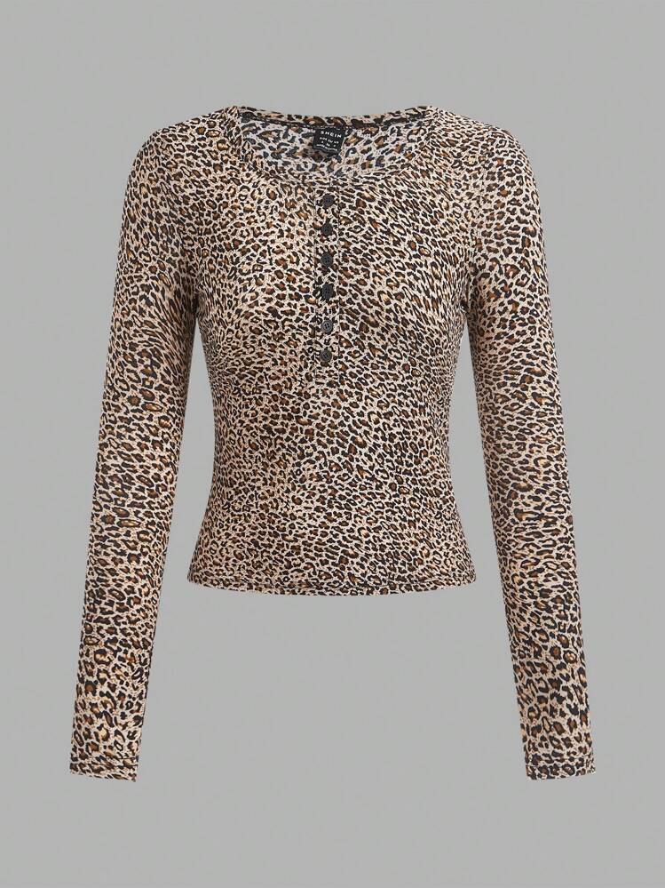 SHEIN EZwear Set de 3 camisetas con media cremallera de mujer, con unicolor y estampado de leopardo - Multicolor - Añade 5