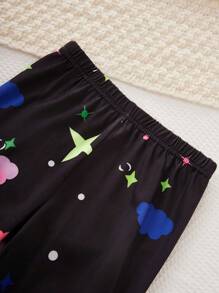 2 件女孩少女独角兽、星星、云朵印花长袖上衣和紧身裤紧身睡衣套装