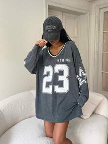 SHEIN EZwear 女士 V 领撞色字母条纹印花长袖 T 恤，灰色 - 灰色 - 查看 6