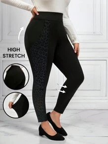 EMERY ROSE 大码猎豹印花纯色拼布简约紧身打底裤，女士冬季服装 - 黑色 - 查看 1