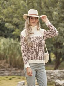 LanaWest Women's Casual Contrast Color Turtleneck Sweater Knit Pullover Fall Winter Outfit - White - View 3