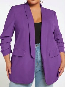 SHEIN Tall CURVE 秋冬大码简约纯色休闲西装外套 - 紫色 - 查看 6