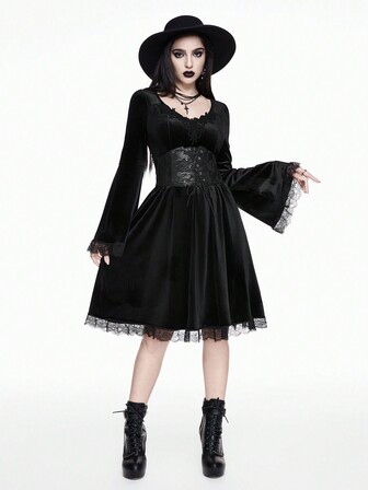 Goth Vestido elegante de fiesta vintage gótico para mujer, con escote profundo, transparente, con volantes y detalles de encaje, y mangas trompeta