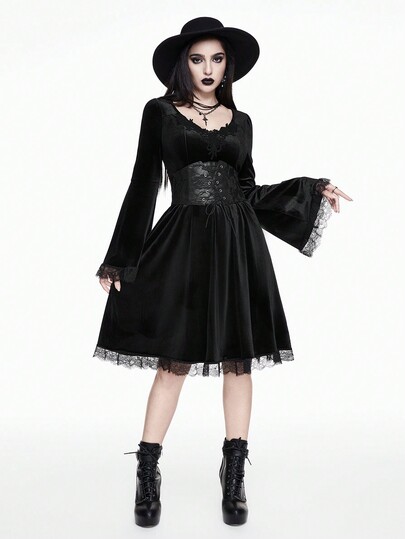 Robe de soirée gothique vintage élégante pour femmes, décolleté plongeant, transparente, à manches trompette avec volants et garniture en dentelle