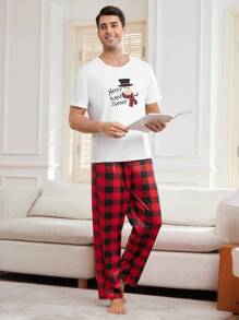 CoupledUp 2 件男士圣诞雪人字母印花套头睡衣和格子睡裤套装 - 彩色 - 查看 3