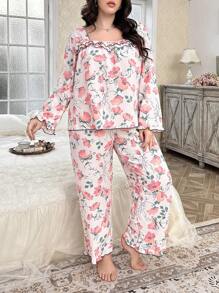 Floral Print Lace Trim Romantic Ladies Pajama Set - Pink - View 5