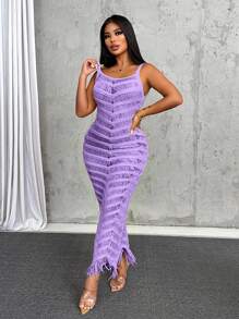 Zolique Đầm len dệt kim dài hở tua rua cổ chữ V bó sát gợi cảm giản dị mới thời trang cho tiệc năm mới câu lạc bộ phụ nữ - Màu tím - Xem 3