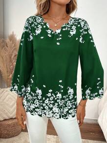 EMERY ROSE Women's Floral Print V-Neck 3/4 Sleeve Loose Blouse