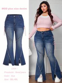 SHEIN MOD Plus Size Skinny Flare Jeans, Blue With Tie Bow Decor