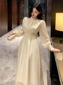 DAZY 女士宽松中长款派对/约会连衣裙，系带细节，适合舞会、秋季穿着，长袖设计，优雅女装 - 杏色 - 查看 8