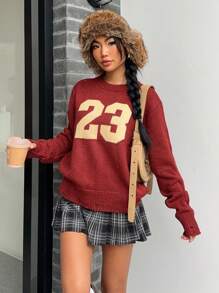SHEIN Unity Áo len dệt kim cổ tròn tay dài họa tiết số rách thường ngày cho nữ thu đông - Nhiều màu - Xem 5
