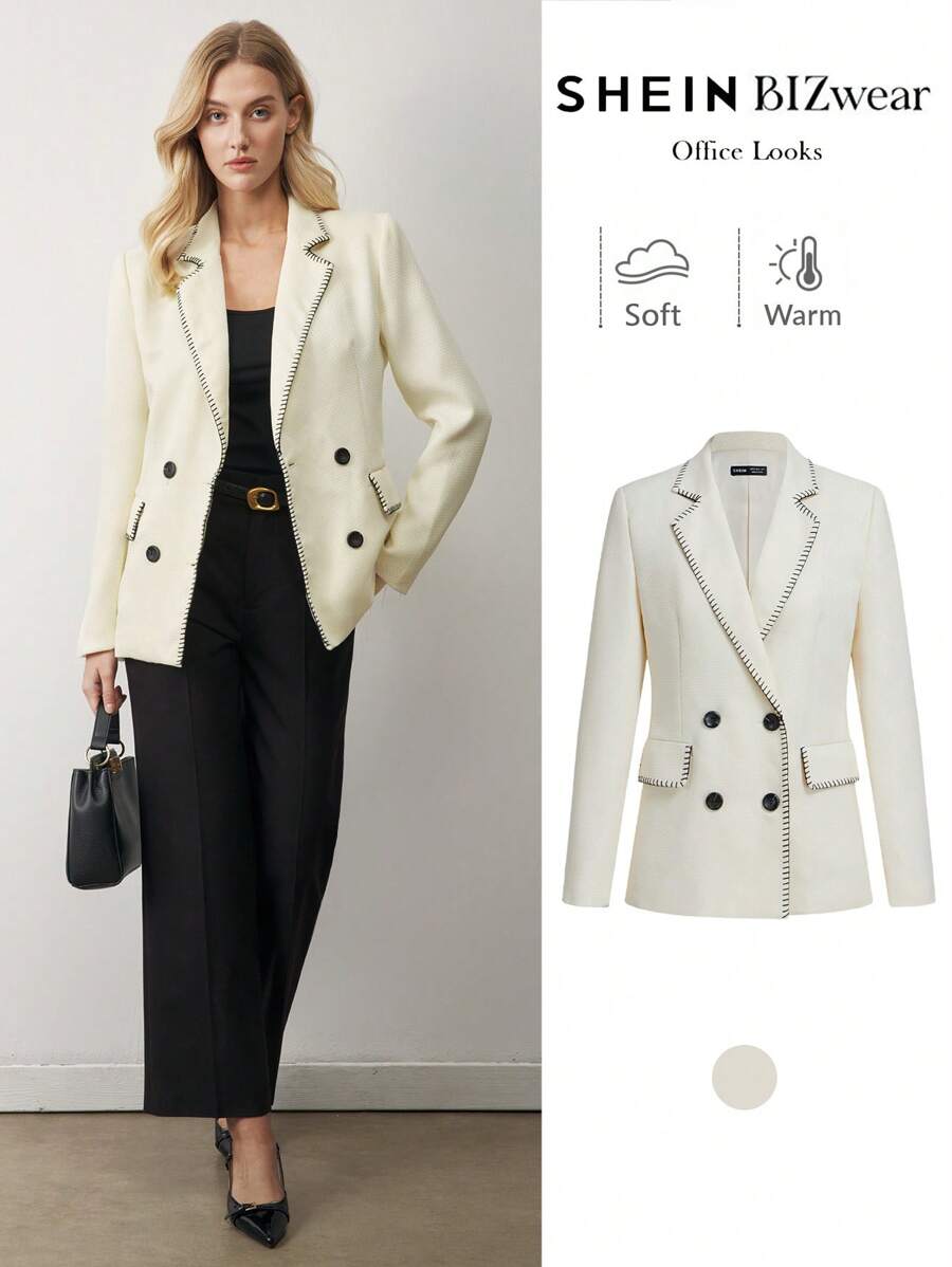 BizChic Women's Elegant Tweed Embroidered Contrast Trim Blazer - White - View 1