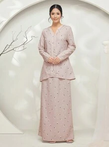 Veilorie Baju Kebaya 2pcs/Set Ditsy Floral Long Sleeve V-Neck Women Long Shirt & Long Skirt Modest - Multicolor - View 4