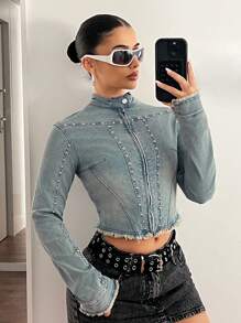 SHEIN ICON 女式休闲牛仔夹克，前拉链、磨边、长袖 - 淺色水洗藍 - 查看 4