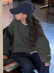 DAZY Tween Girl Round Neck Knit Letter Embroidered Sweatshirt, Tween Girl Fall Clothes - Dark Grey - View 2