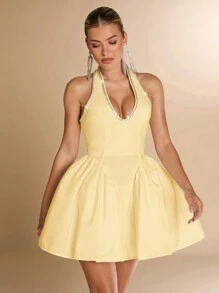 SHEIN BAE Black Sexy Deep V-Neck Halter Tie Bow Cinched Waist Fit &Flare Princess Style Summer Dress For Women