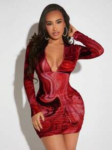 SHEIN SXY Women's Long Sleeve Printed Pleated Short Casual Dress, Everyday Wear