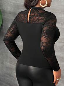 Slaydiva Plus Size Women Lace Patchwork Hollow Out Fitted Top